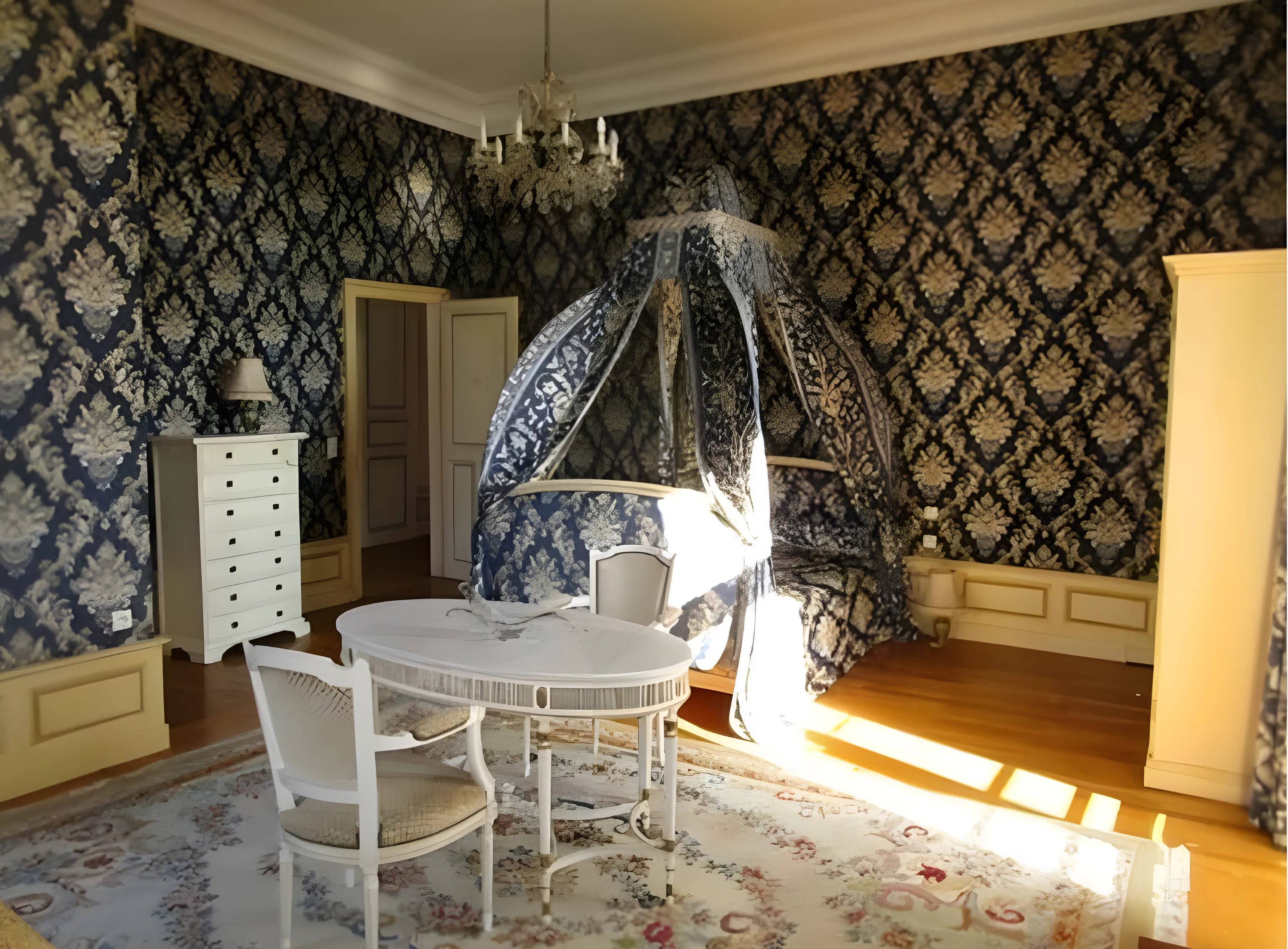 Chambre bleue damassée du Château de Beauchamp