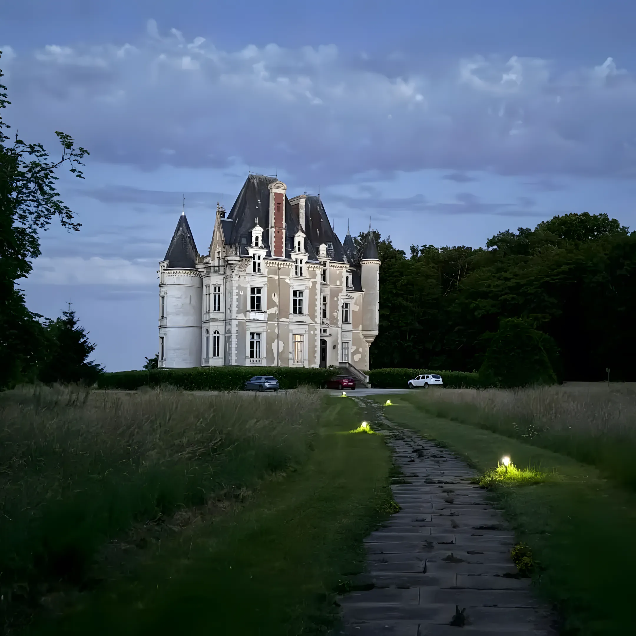 Allée du château éclairée au crépuscule, ambiance cinématographique